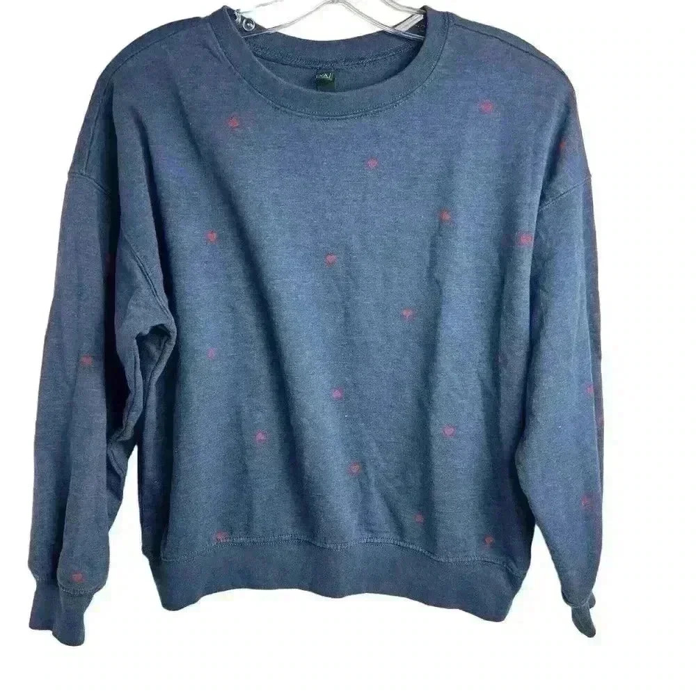 Ayla Francesca Women's XS Blue Crewneck with red hearts Sweatshirt Casual